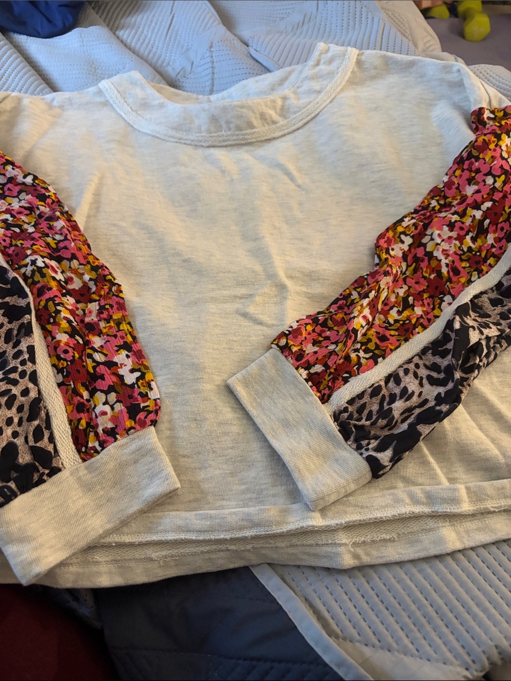 THML Cream Pullover Sweatshirt with Pink, Yellow Floral & Brown Leopard Sleeves